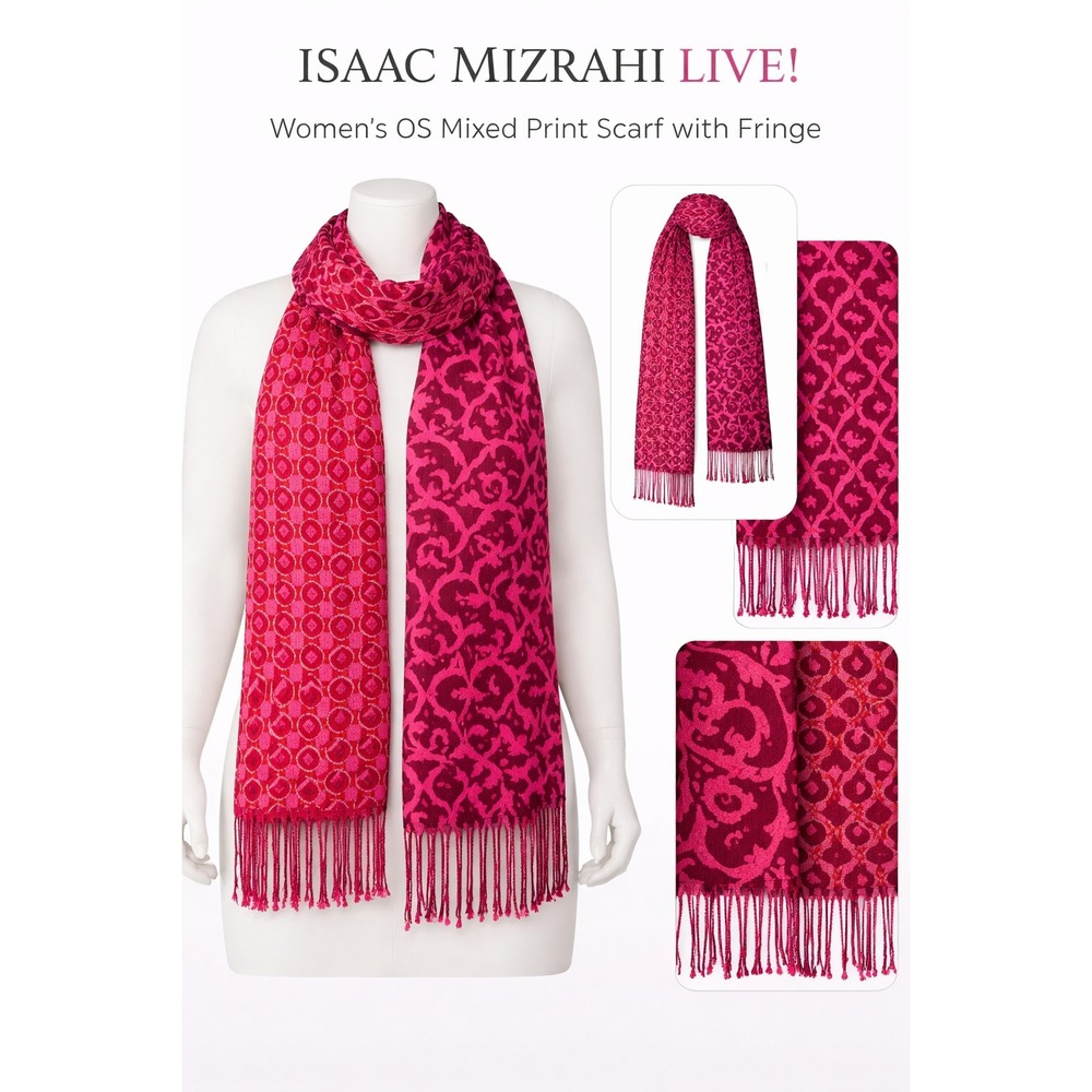 Isaac Mizrahi Live Womens Mixed‎ Print Scarf Fuchsia Burgundy Fringe A235348/71